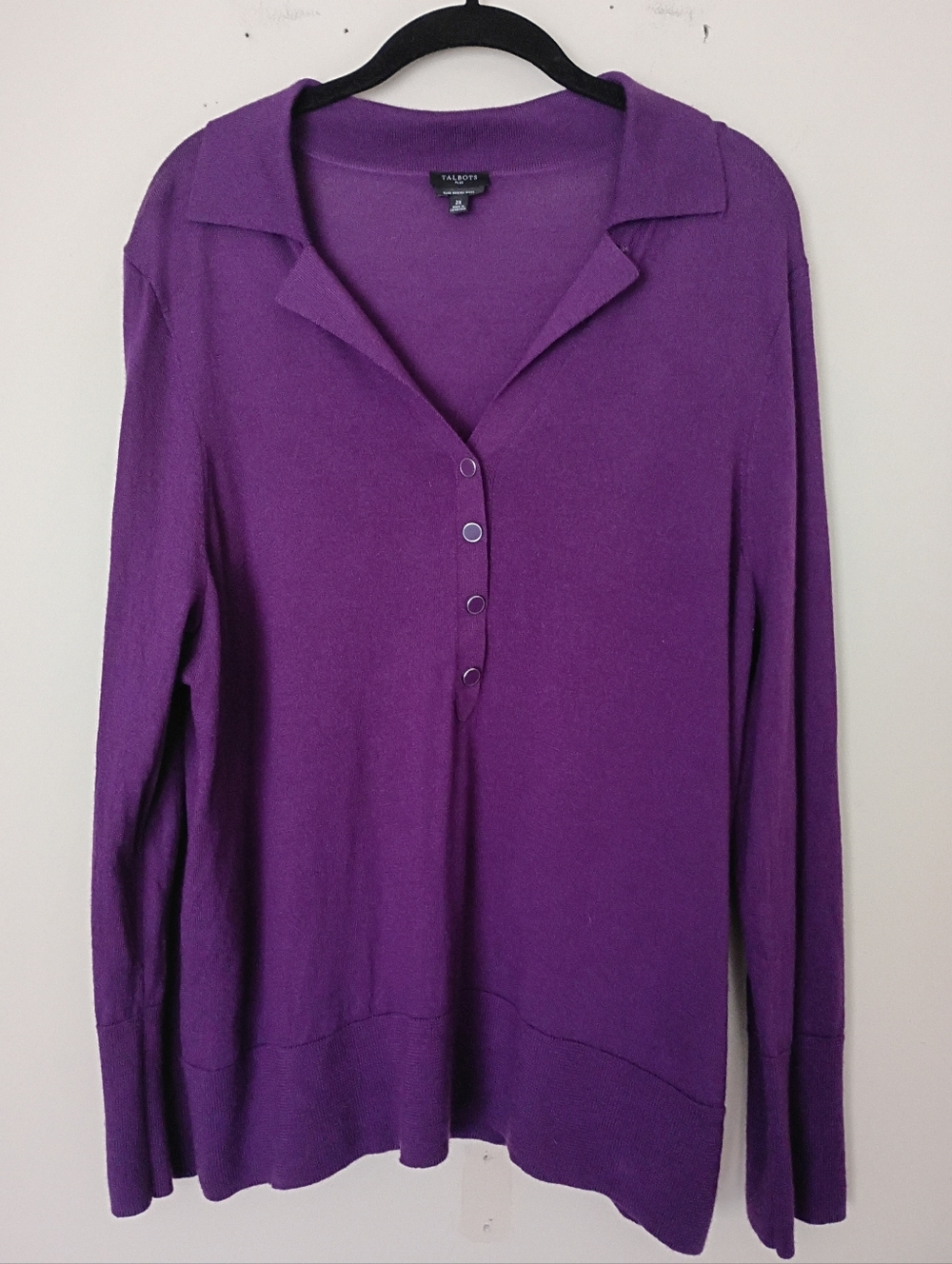 Talbots Plus Size 100% Merino Wool Long Sleeve Polo Sweater in Purple Size 2X
